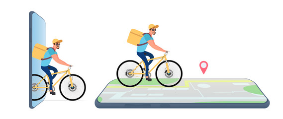 Food delivery by bike. Cyclist with a yellow backpack on a bicycle. Map with a mark. Smartphone Order Delivery Concept. Isolated. Vector