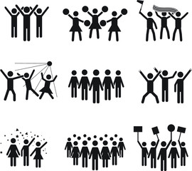 Crowd vector icon set design, illustrations of various groups of people - Vector icon set of groups of people in a club, sports match, cheerleaders, protest, strike, celebrations, concert and other