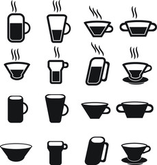 Hot drinks, cups and glasses vector icon set simple design