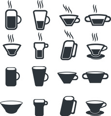 Hot drinks, cups and glasses vector icon set simple design