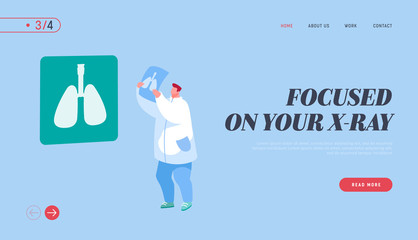 Lung Diagnosis Landing Page Template. Pulmonology Doctor Character Watch Lungs Tomography Checking Analysis Results. Fibrosis, Tuberculosis, Covid 19 Pneumonia or Cancer. Cartoon Vector Illustration