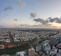 Aerial drone shot of Levallois Paris with Eiffel Tower Hyatt Regency, tour montparnasse, jardin...