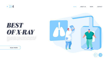 Lungs Tomography, Fluorographic Landing Page Template. X-ray Medical Diagnostics Checkup. Doctor Character Research Pulmonology Disease Pathology on Patient Scan. Cartoon People Vector Illustration