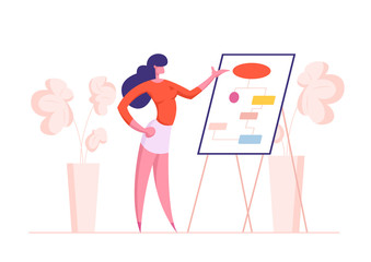 Business Meeting, Project Presentation Concept. Female Character Business Coach Pointing on Financial Scheme on Flip Board, Data Analysis Statistics, Corporate Education. Cartoon Vector Illustration
