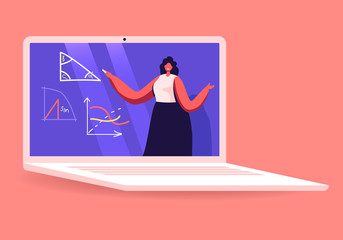 Teacher Female Character Conduct Geometry or Mathematics Lesson on Laptop Screen. Online School, Distant Education on Covid19 Quarantine, Knowledge, Science Concept Cartoon People Vector Illustration