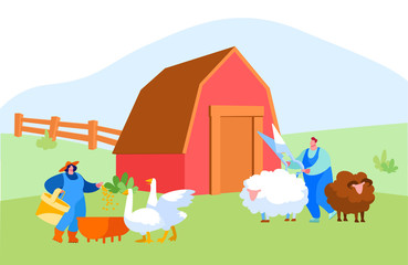 Young Man and Woman in Working Robe Feeding Geese, Trimming Sheep on Nature. Farmers, Villager Characters at Work Care of Birds and Animals on Farm, Agriculture, Farming. Cartoon Vector Illustration