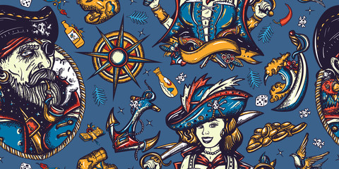 Fototapeta na wymiar Pirates. Seamless pattern. Caribbean robbers. Old captain, parrot, girl filibuster, compass, anchor, treasure island, swallows. Sea adventure background. Traditional tattooing style