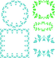 Set of 5 frame, workpiece for your design. Ornamental elements and motifs. Plants decor for plate, tile, textile and print design. Circle, square and oval desinge element. Vector.