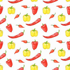 Peppers chilli watercolor pattern, can be used as a fashionable background for websites, wallpapers, packaging, posters, cards, invitations, textiles.