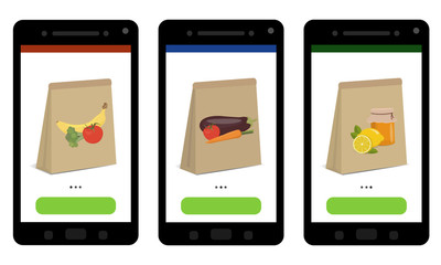 The concept of ordering food at home through a mobile application. Food delivery service. Set of smartphones