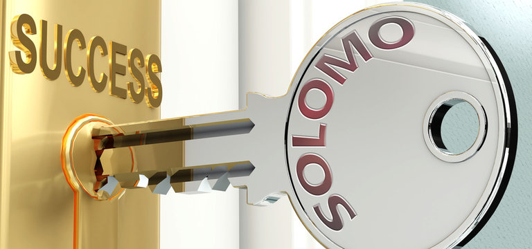 Solomo and success - pictured as word Solomo on a key, to symbolize that Solomo helps achieving success and prosperity in life and business, 3d illustration