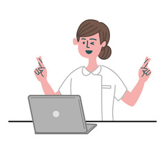 医師　医者　看護師　医療従事者　女性　パソコン　幸運を祈る　クロスフィンガー