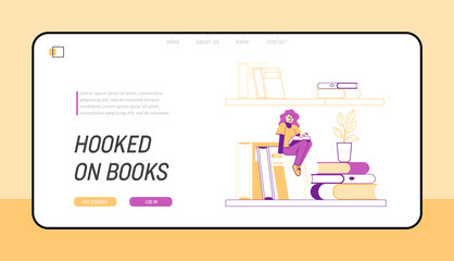 Education, Preparation to Exams and Reading Hobby Landing Page Template. Tiny Male Character Hanging on Rope above Bookshelf with Huge Books. Man Student in Library. Linear Vector Illustration