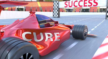 Cure and success - pictured as word Cure and a f1 car, to symbolize that Cure can help achieving success and prosperity in life and business, 3d illustration