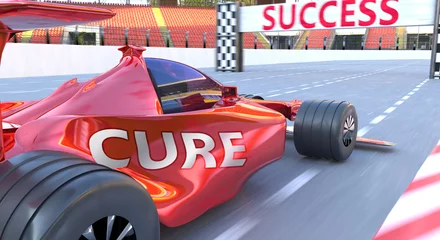 Papier Peint photo F1 Cure and success - pictured as word Cure and a f1 car, to symbolize that Cure can help achieving success and prosperity in life and business, 3d illustration