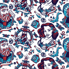 Sea adventure seamless pattern. Old captain, lighthouse and sailor girl pin up style. Nautical art. Old school tattoo background