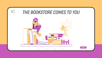 Tiny Student Characters at Huge Bookshelf Landing Page Template. People Learning Homework or Prepare to Exams in University or College. Education, Knowledge, Reading Hobby. Linear Vector Illustration