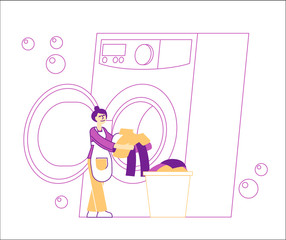 Industrial or Domestic Launderette Washing, Cleaning Service. Female Character in Public Laundry Laying Clean Clothes to Basket Loading Dirty Clothing to Laundromat Machine. Linear Vector Illustration