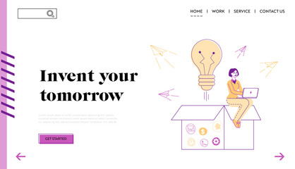 Think Outside Landing Page Template. Business Woman Character Sitting on Huge Open Carton Box with Glowing Light Bulb and Flying Airplanes. Innovation Ideas and Projects. Linear Vector Illustration