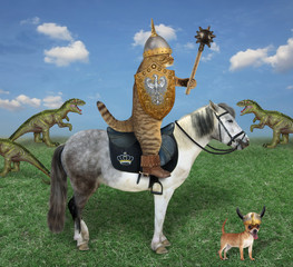 The beige cat warrior in knight armor on a gray horse is hunting for dinosaurs in a field. His dog is in a horned viking helmet.