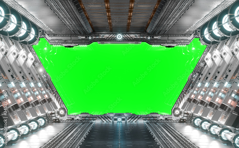Poster white and silver futuristic spaceship interior with green window 3d rendering
