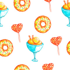 Watercolor sweets pattern. Seamless pattern with watercolor popsicles on a stick isolated on white background. Hand painted sweet dessert background perfect for textiles and scrapbooking.