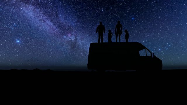Beautiful abstract with family looks stars on dark background. Silhouettes of people stand on a minivan 4k