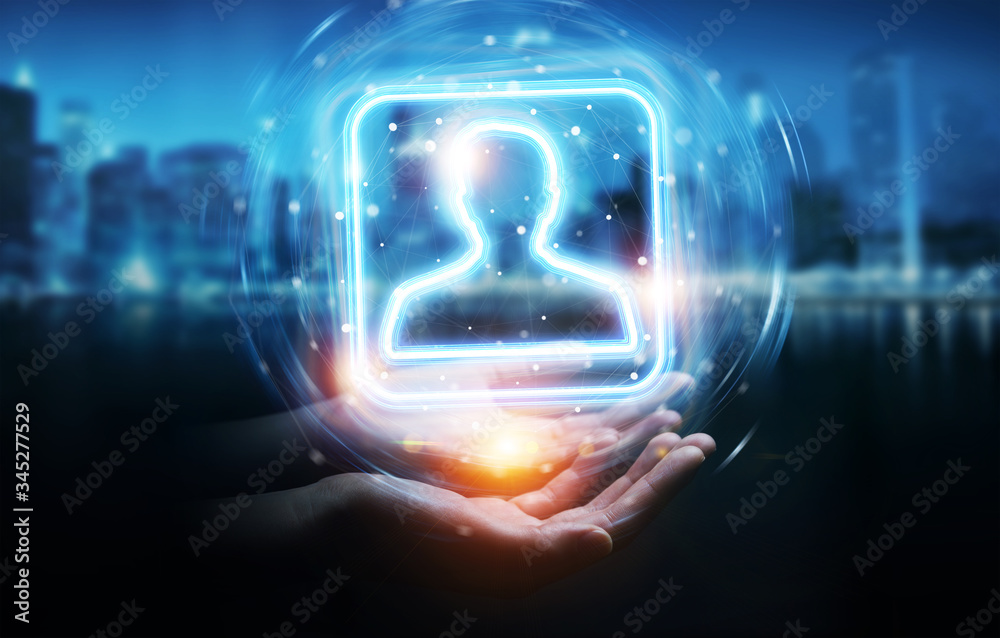 Poster Man hand using digital blue holographic user interface 3D rendering
