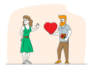 Unrequited Love Concept. Loving Man Giving Huge Red Heart to Woman Rejecting his Feelings Saying No. Male and Female Characters Relationship, People Dating and Parting. Linear Vector Illustration