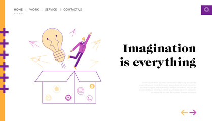 Think Outside Landing Page Template. Businessman Character Take Off Huge Box like Super Hero front of Glowing Light Bulb. Creativity, Insight and Outstanding Thinking. Linear Vector Illustration