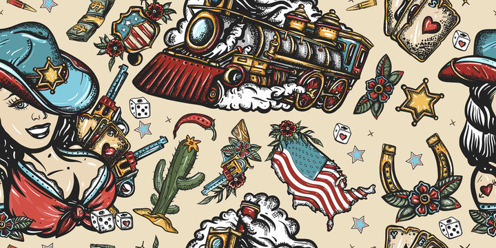 USA seamless pattern. Wild West art. Western background. Cowboy girl, train, sheriff star, guns and golden horseshoe. American history background. Old school tattoo style