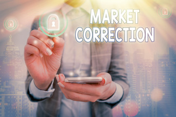 Conceptual hand writing showing Market Correction. Concept meaning When prices fall 10 percent from the 52 week high