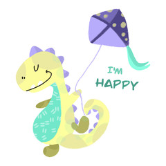 Little cute dinosaur with a flying kite. Print for baby clothes. Vector illustration.