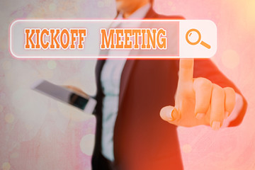 Writing note showing Kickoff Meeting. Business concept for Special discussion on the legalities...