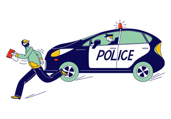 Police Man Character Pursuit Pickpocket Thief with Stolen Bag by Car. Gangster Steal Money. Officer at Work Catching Robber during Duty Patrol in City, Law and Order. Linear People Vector Illustration