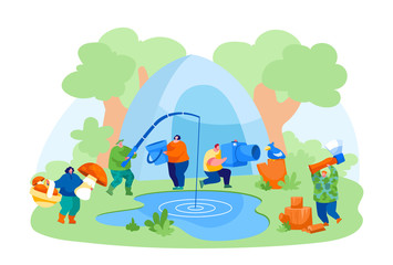 Obraz premium People Having Outdoors Active Nature Rest. Male and Female Characters Hobby at Leisure Time, Men and Women Relaxing, Fishing, Taking Pictures, Pick Up Mushrooms, Camping. Cartoon Vector Illustration