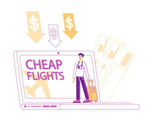 Cheap Flight, Low Cost Airline Offer, Profitable Promotion Concept. Tine Male Character Tourist with Suitcase and Photo Camera Stand at Huge Laptop Booking Airplane Tickets. Linear Vector Illustration