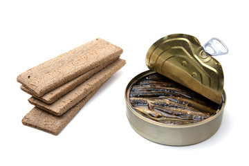 open canned with sprots and crispy breads on a white isolated background
