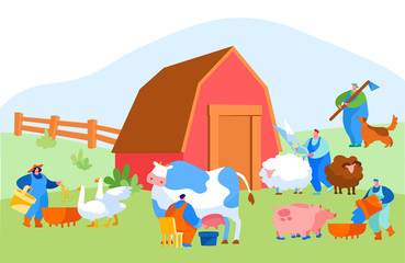 People Doing Farming Job as Feeding Domestic Animals, Milking Cow, Shearing Sheep, Prepare Hay for Livestock. Male and Female Farmer Characters Working with Cattle on Farm. Cartoon Vector Illustration