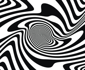  Line art optical art. Psychedelic background. Monochrome background. Optical illusion style. Black dark background. Modern pattern. Abstract graphic texture. Graphic ornament. Vector template