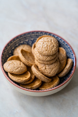 Chewy Soft Italian Amaretti Cookie Biscuits in Ceramic Bowl.