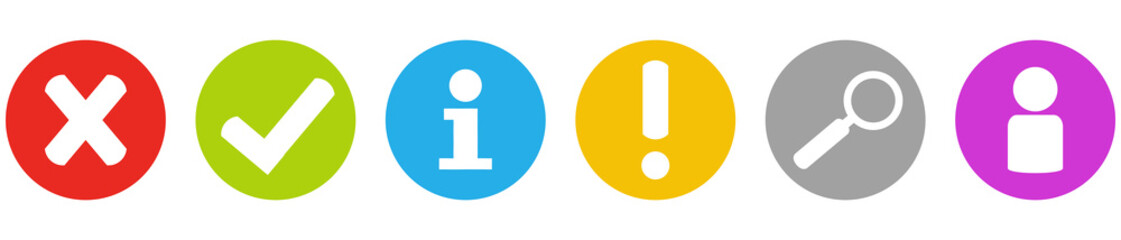 6 farbige Kreise mit Icon für Löschen, Bestätigen, Info, Warnung, Suchen und Account © kebox