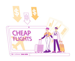 Tiny People with Luggage Book Cheap Flight, Saving Vacation Budget Concept. Male and Female Couple Characters Buying Airplane Tickets Online Save Money for Holidays Travel. Linear Vector Illustration