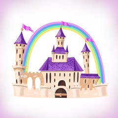 FairyTale castle. Cartoon castle. Fantasy fairy tale palace with rainbow. Vector illustration.