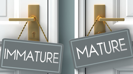 mature or immature as a choice in life - pictured as words immature, mature on doors to show that immature and mature are different options to choose from, 3d illustration