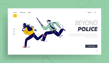 Constable Character Pursuit and Fight with Criminal Landing Page Template. Police Officer at Work Catching Masked Robber with Money Sack to Arrest. Policeman on Duty, Linear People Vector Illustration