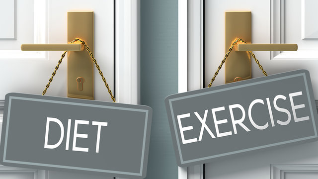 exercise or diet as a choice in life - pictured as words diet, exercise on doors to show that diet and exercise are different options to choose from, 3d illustration