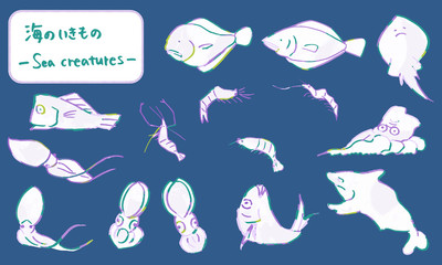 筆で描いた海の生き物たち、手描きの可愛い動物イラスト