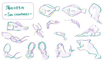 筆で描いた海の生き物たち、手描きの可愛い動物イラスト