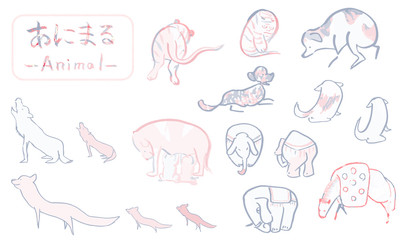 筆で描いた手描きの犬やゾウ、可愛い動物イラスト